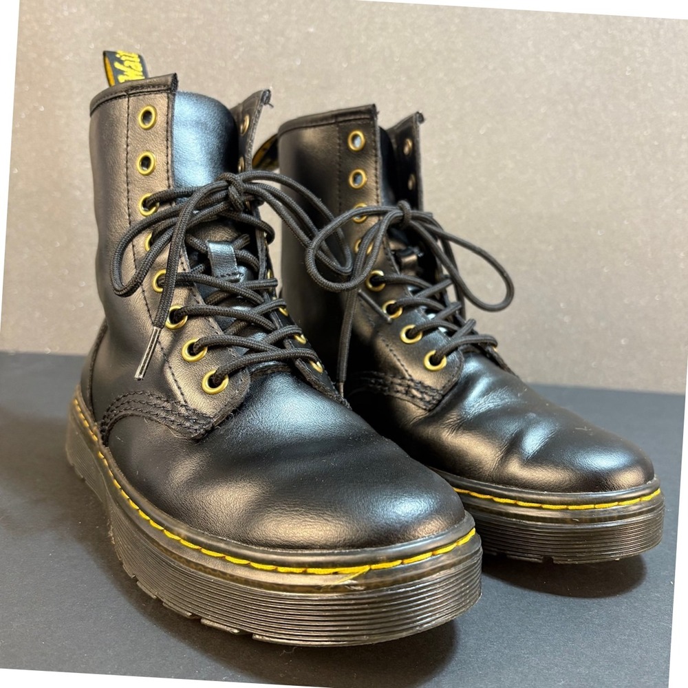 Dr Martens ZAVALA‎ Black Leather Flat Platform Combat Boots Womens Size 6